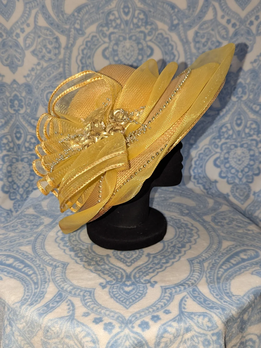 Elegant Yellow-Gold Floral Sinamay Women's Dress Hat